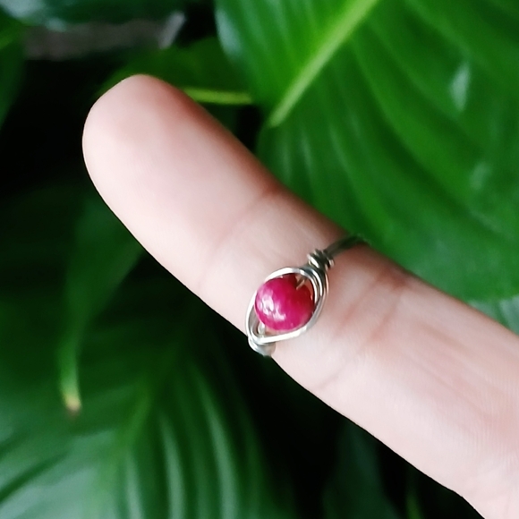 Pink Marble Wire Wrapped Ring, Silver Size 8 Boho Dainty Stone Jewelry - Picture 1 of 2